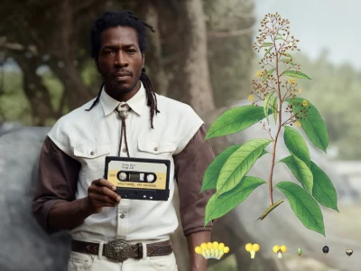 Hoogl est illustré par un homme tenant une cassette à côté d'une grande plante verte dans les bois