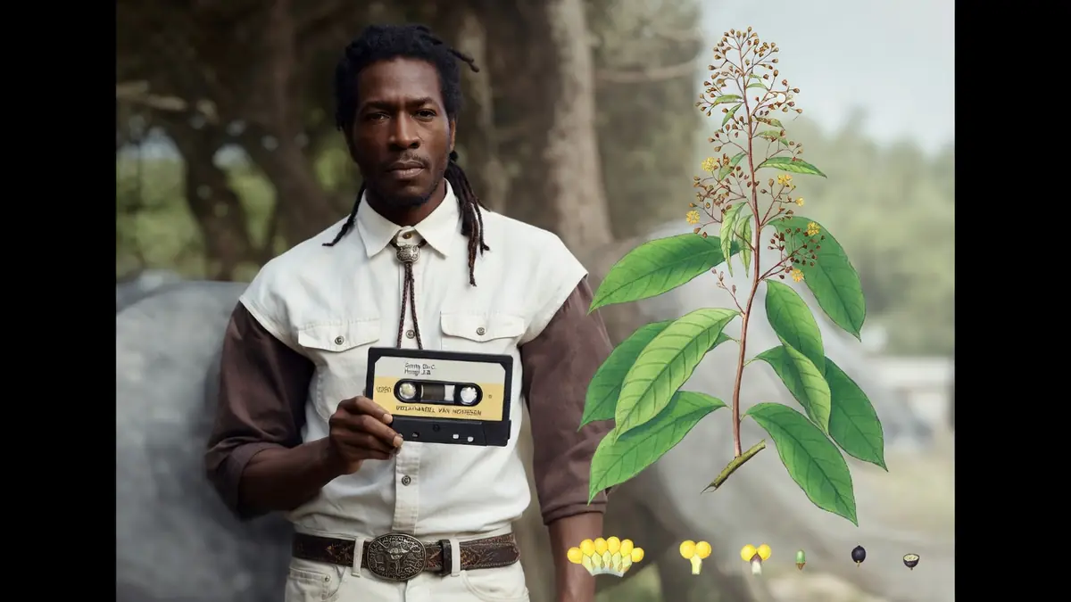 Hoogl est illustré par un homme tenant une cassette à côté d'une grande plante verte dans les bois