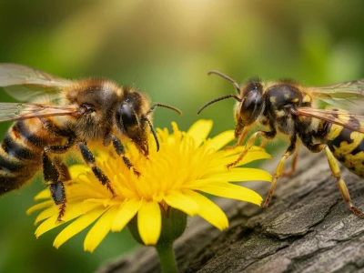 Une abeille et guêpe près d'une fleur jaune sur du bois