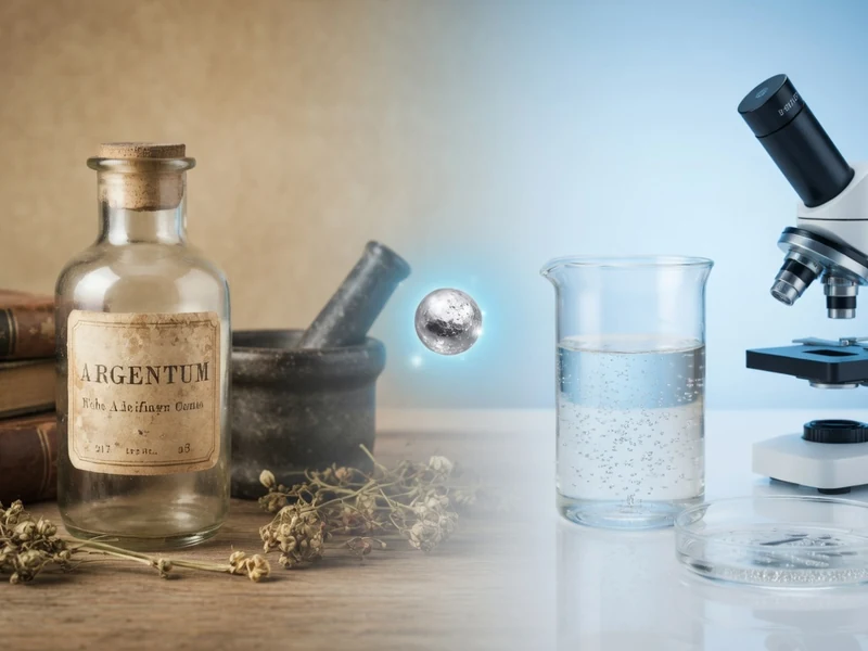 Objets d'apothicaire vintage et microscope moderne encadrent l'argent colloïdal bienfaits