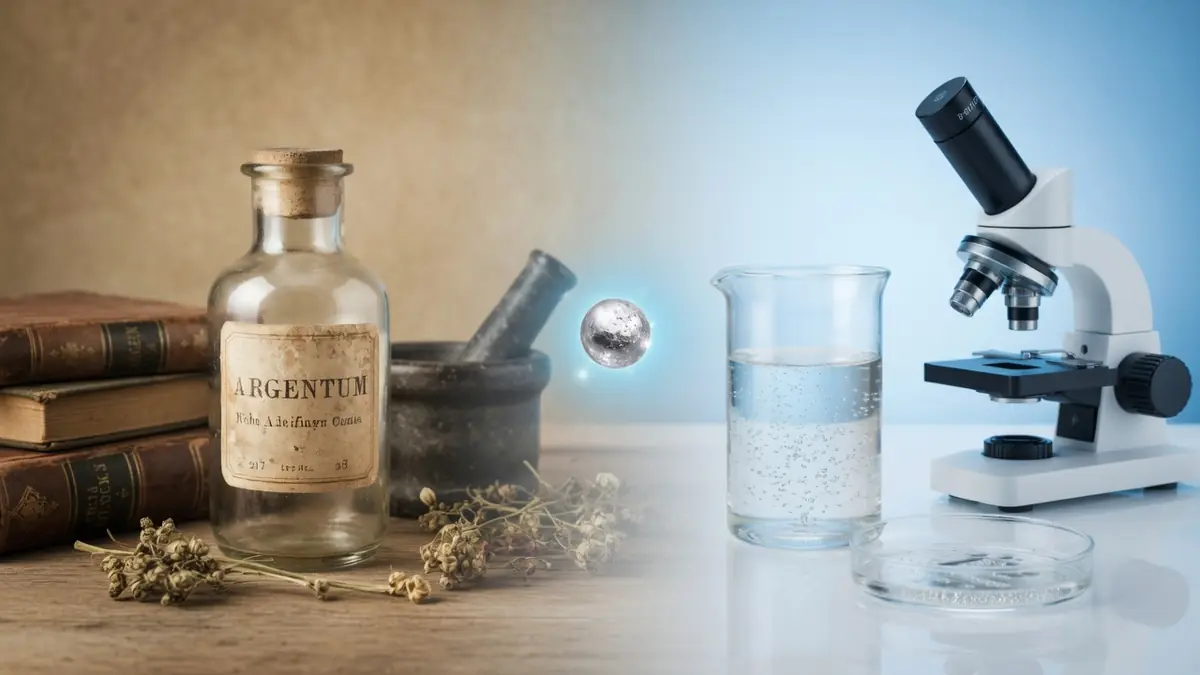 Objets d'apothicaire vintage et microscope moderne encadrent l'argent colloïdal bienfaits