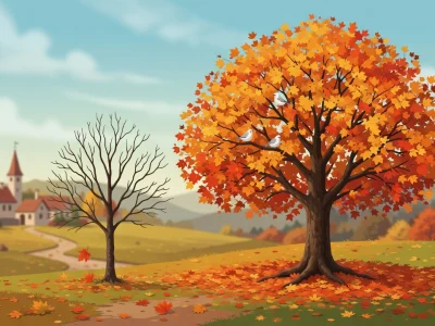 Paysage d'automne 2026 avec un arbre aux feuilles orange et une église au loin
