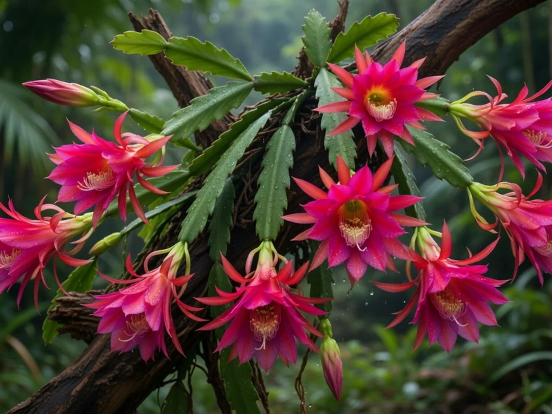 Un Epiphyllum aux fleurs roses vives s'épanouit sur une branche en forêt tropicale