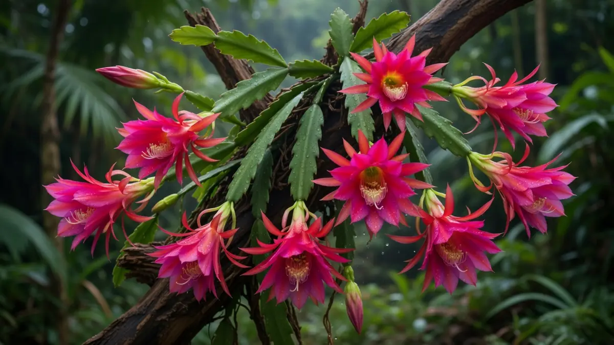 Un Epiphyllum aux fleurs roses vives s'épanouit sur une branche en forêt tropicale