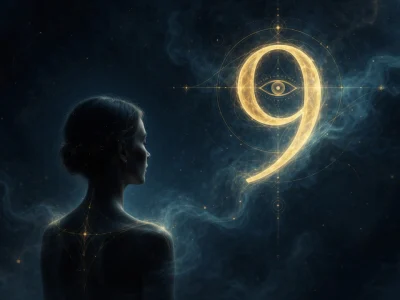 Une silhouette féminine contemple le symbole lumineux de 09h09 dans un ciel nocturne cosmique