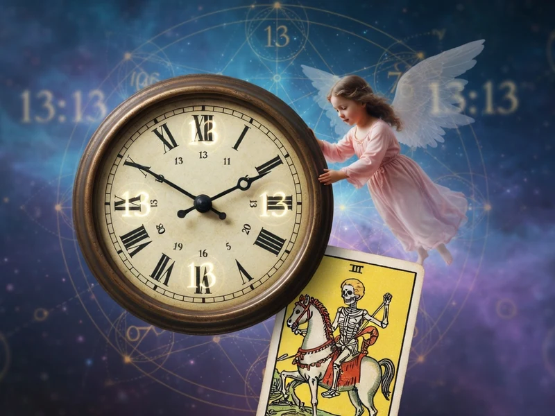 Une jeune fille ailée touche une horloge ancienne près d'une carte de tarot symbolisant 13h13 signification