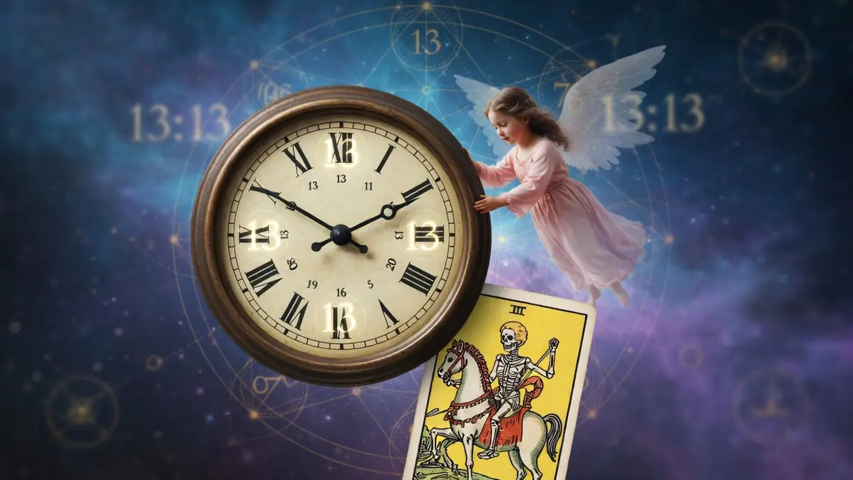 Une jeune fille ailée touche une horloge ancienne près d'une carte de tarot symbolisant 13h13 signification