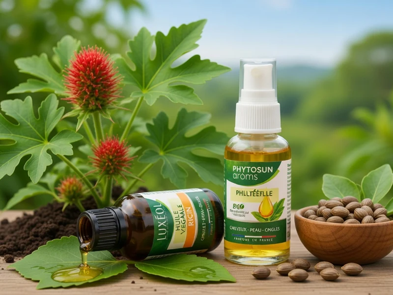 Flacons et huile de ricin en pharmacie posés sur une table avec un bol de graines et des fleurs