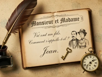 Une plume avec encrier, montre et livre ancien illustrent monsieur madame blague