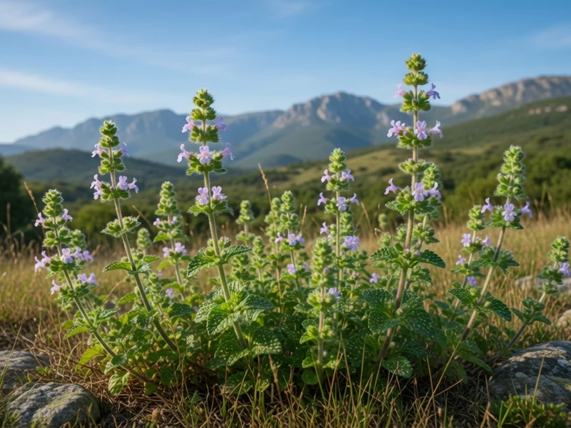 Des plants de Népita en fleurs dans un paysage de montagnes corses