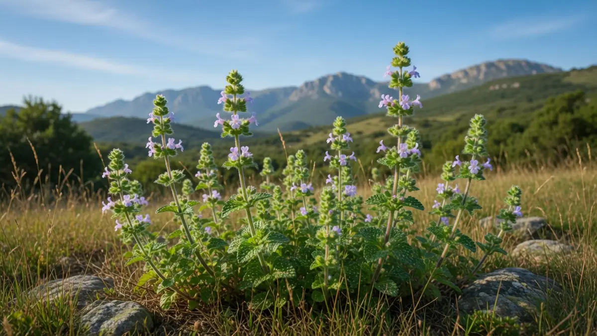 Des plants de Népita en fleurs dans un paysage de montagnes corses