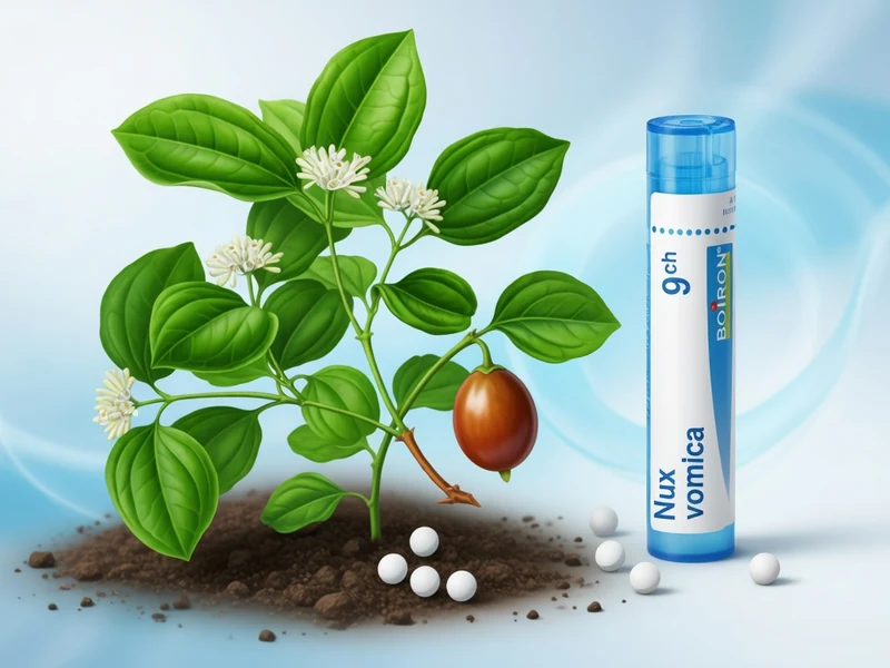 Une plante de nux vomica aux feuilles vertes, fleurs blanches et fruit marron avec des granules blancs.