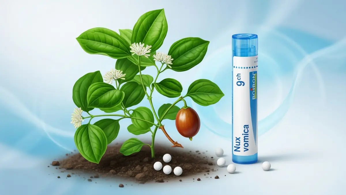 Une plante de nux vomica aux feuilles vertes, fleurs blanches et fruit marron avec des granules blancs.