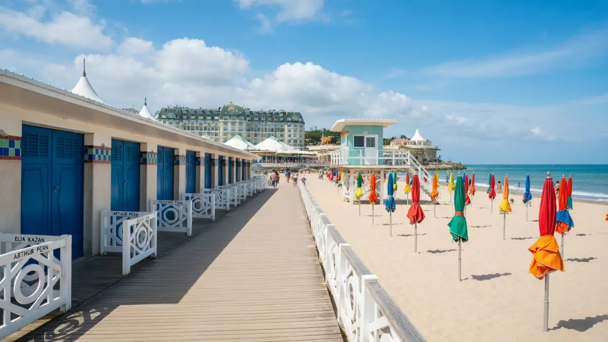 La plage à Deauville avec sa promenade en bois et ses nombreux parasols colorés