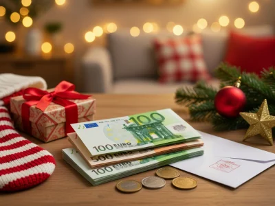 Un décor de Noël avec un bas rayé, des cadeaux et des billets de 100 euros pour caf La Prime de Noël