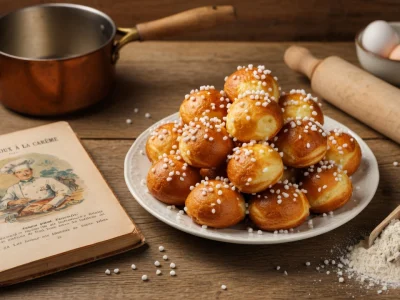 Une assiette de chouquettes dorées entourée d'ustensiles pour la recette chouquette sur table en bois