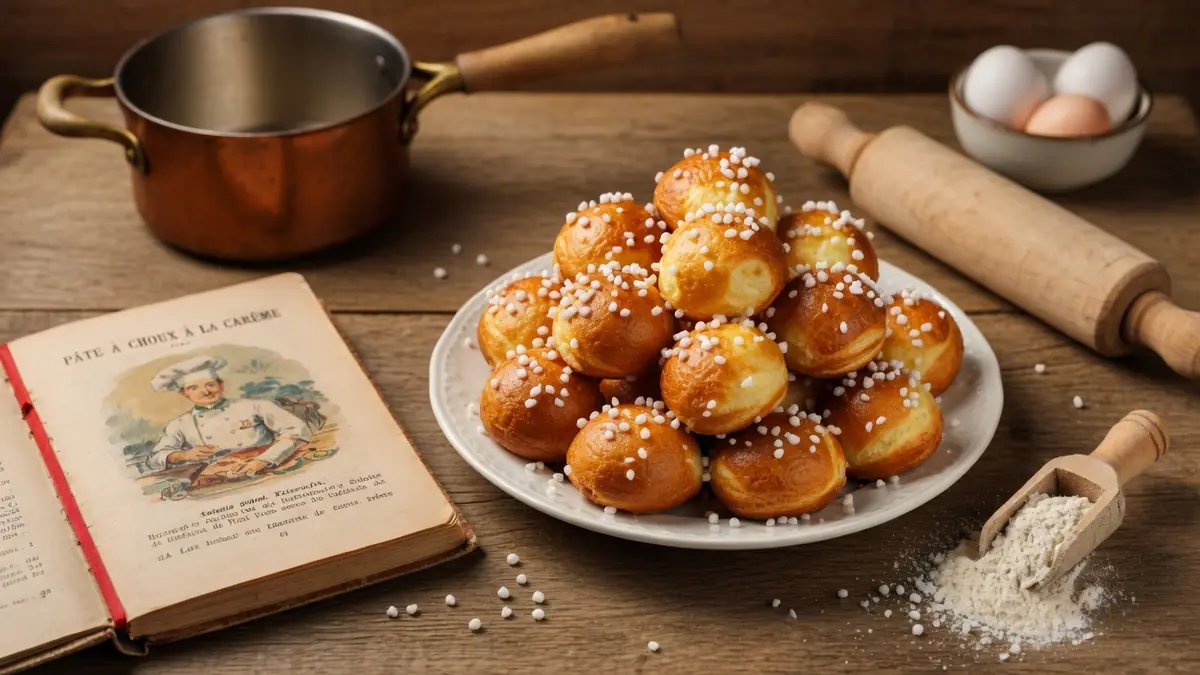 Une assiette de chouquettes dorées entourée d'ustensiles pour la recette chouquette sur table en bois