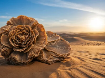 Une rose des sables Pierre repose sur les dunes de sable au coucher du soleil