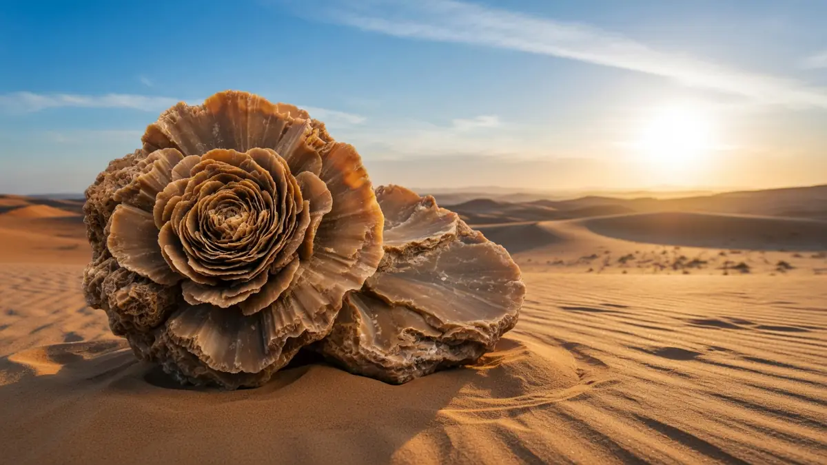 Une rose des sables Pierre repose sur les dunes de sable au coucher du soleil