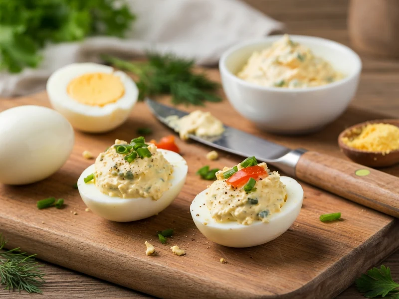 Des œufs farcis présentés sur une planche en bois pour illustrer des recettes œuf mimosa