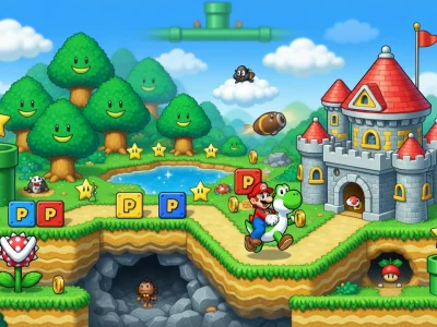 Mario chevauchant Yoshi dans un niveau coloré pour illustrer cette super Mario Super Nintendo solution