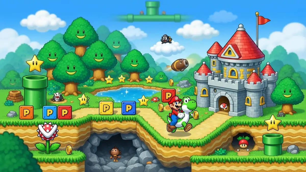Mario chevauchant Yoshi dans un niveau coloré pour illustrer cette super Mario Super Nintendo solution