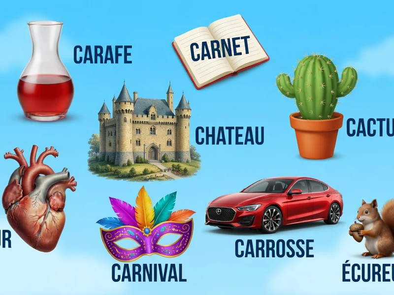 Une carafe un château un cœur un masque une voiture rouge et un écureuil illustrent mot de 6 lettres commençant par car