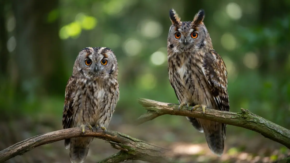 Deux oiseaux de nuit sur une branche illustrent la différence entre chouette et hibou