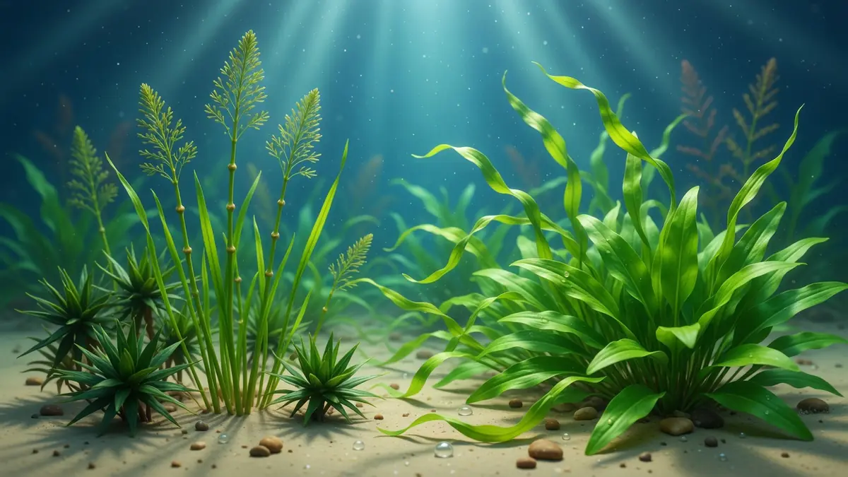 Des plantes aquatiques 6 lettres poussent sur le fond sableux d'un océan illuminé par les rayons du soleil