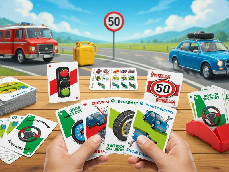 Des mains tiennent des cartes de règles Mille Bornes sur une table en bois devant un paysage routier avec véhicules