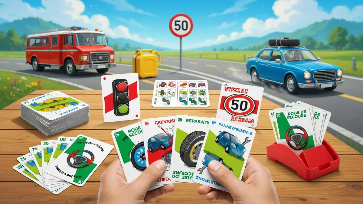 Des mains tiennent des cartes de règles Mille Bornes sur une table en bois devant un paysage routier avec véhicules
