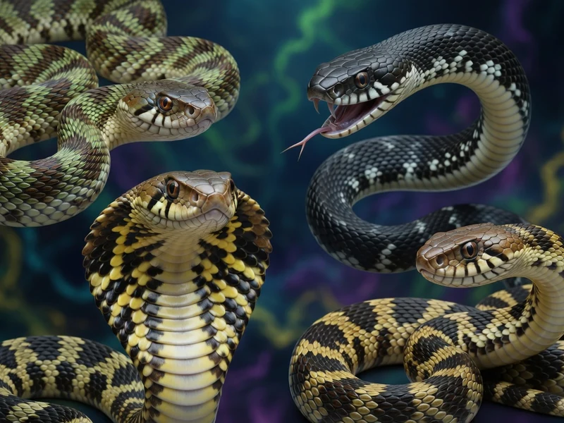 Plusieurs serpents venimeux aux motifs contrastés sont mis en scène en postures dynamiques