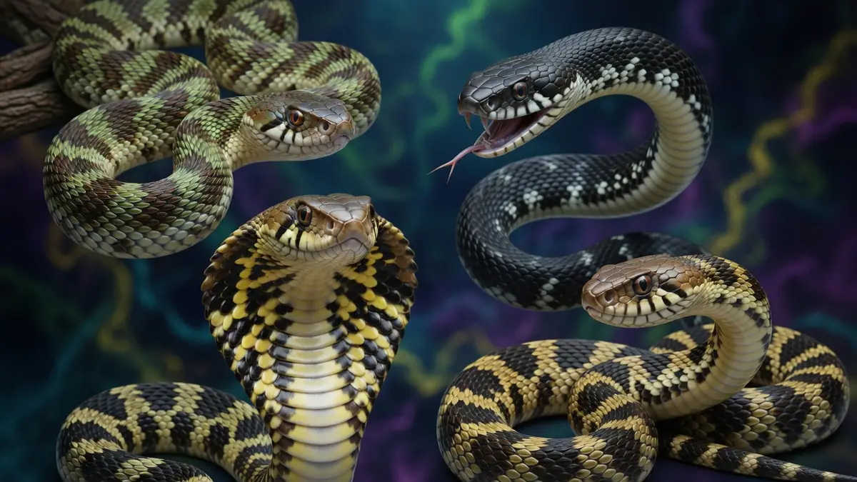 Plusieurs serpents venimeux aux motifs contrastés sont mis en scène en postures dynamiques