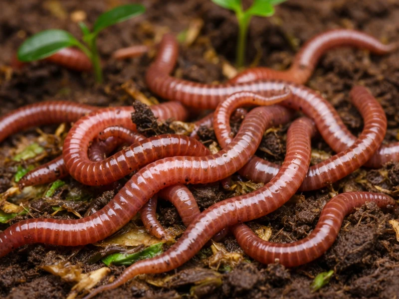 Gros plan sur plusieurs vers de terreau qui s'entremêlent dans un sol riche et humide