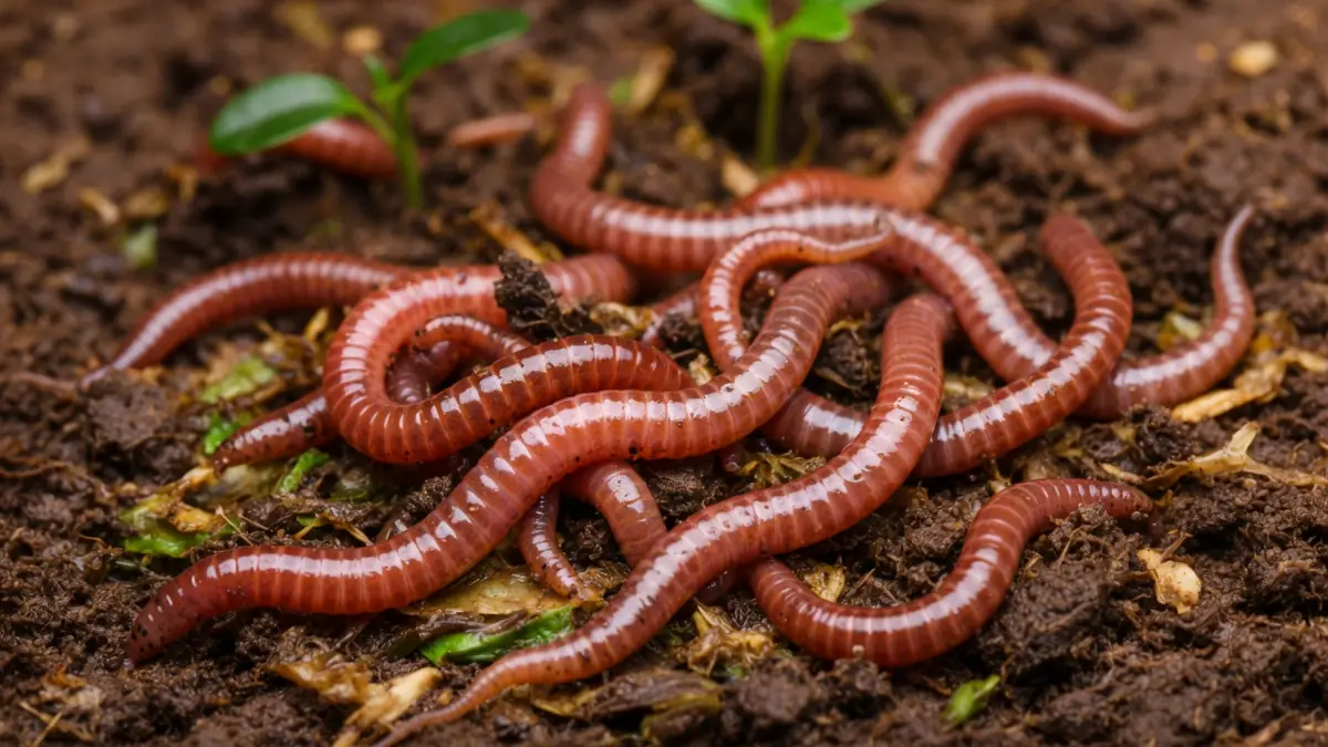 Gros plan sur plusieurs vers de terreau qui s'entremêlent dans un sol riche et humide