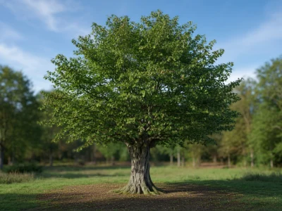 Un C. betulus majestueux s'élève dans une prairie ensoleillée