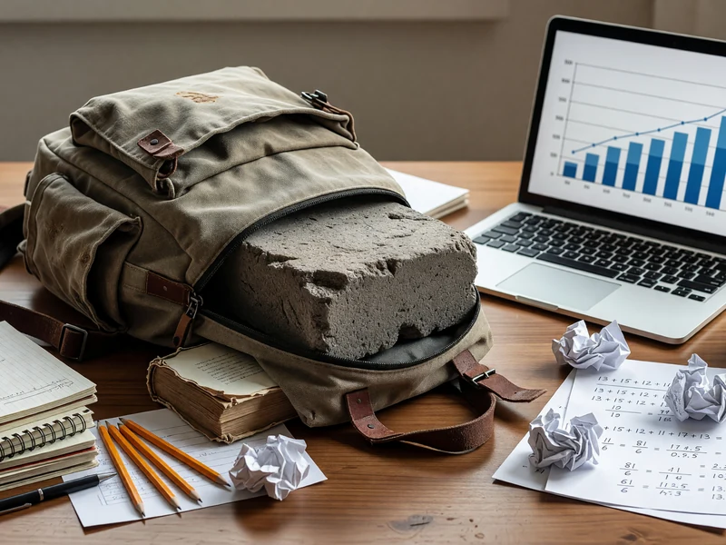 Un sac à dos contenant un bloc de béton est posé sur un bureau avec un ordinateur et des papiers pour moyenne calcul