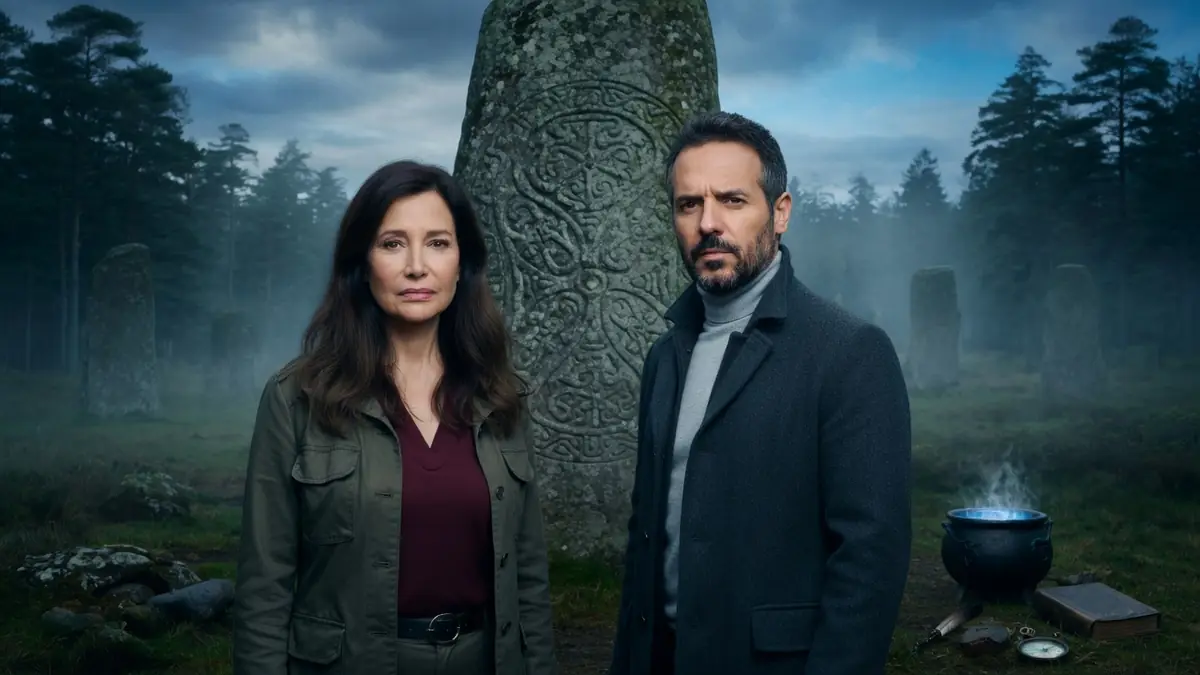 Un homme et une femme enquêteurs posent devant un menhir gravé dans la brume pour les secrets du Finistère