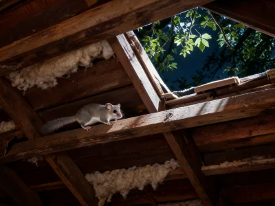 Un animal Le Loir se tient sur les poutres d'un grenier ouvert sur les arbres.