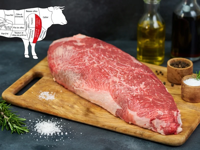 Un jumeau de boeuf sur une planche à découper avec un schéma de vache et des bouteilles d'huile