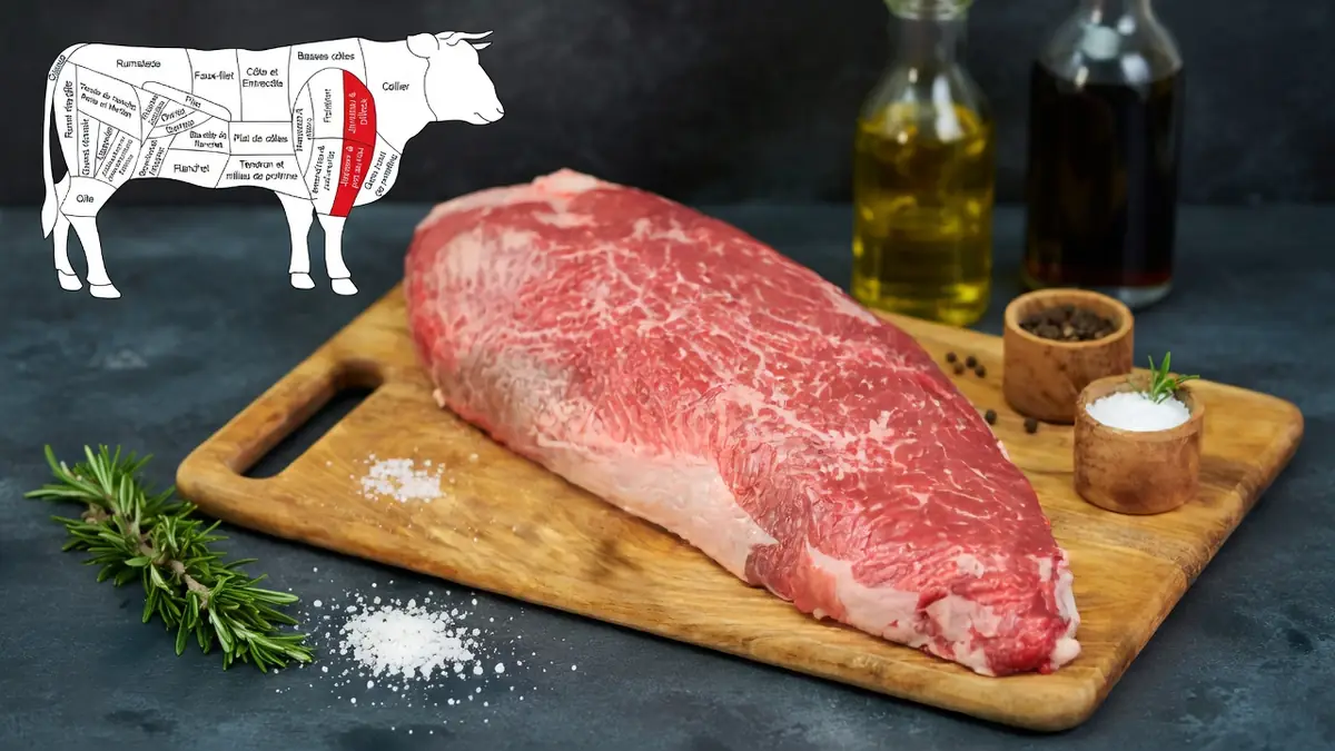 Un jumeau de boeuf sur une planche à découper avec un schéma de vache et des bouteilles d'huile