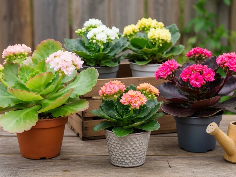 Des kalankoe en fleurs dans des pots variés reposent sur une table en bois