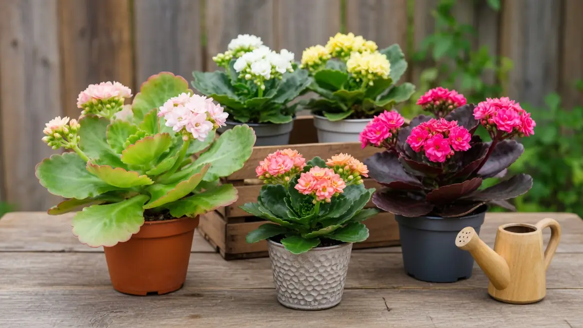 Des kalankoe en fleurs dans des pots variés reposent sur une table en bois