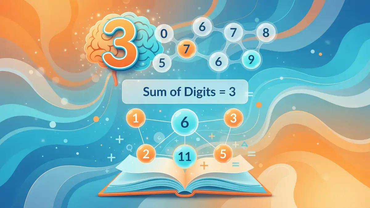 Illustration mathématique montrant un cerveau et un livre entourés de chiffres pour expliquer le concept de multiple de 3