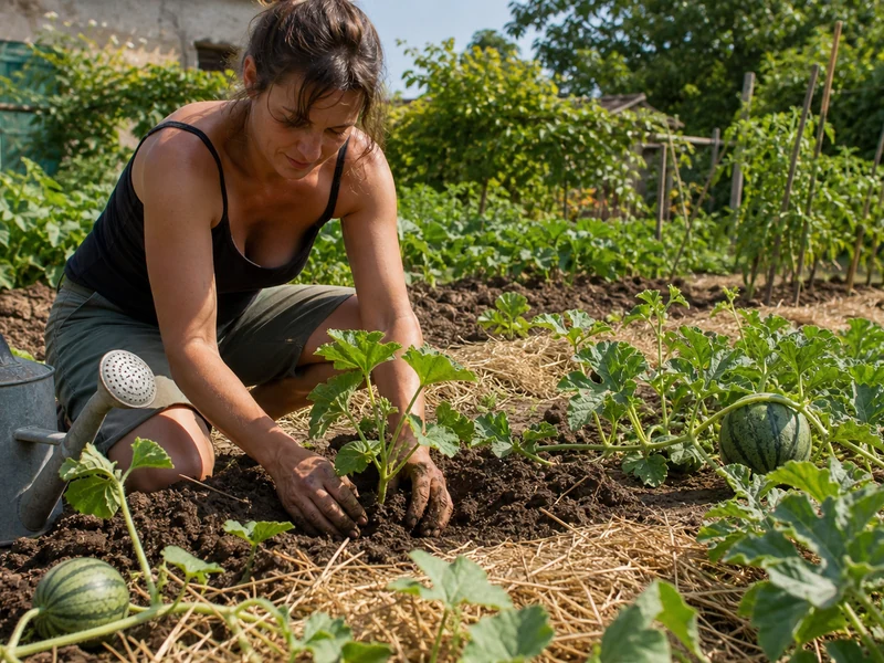 Un potager estival montre comment planter melon et pastèque dans une terre paillée.