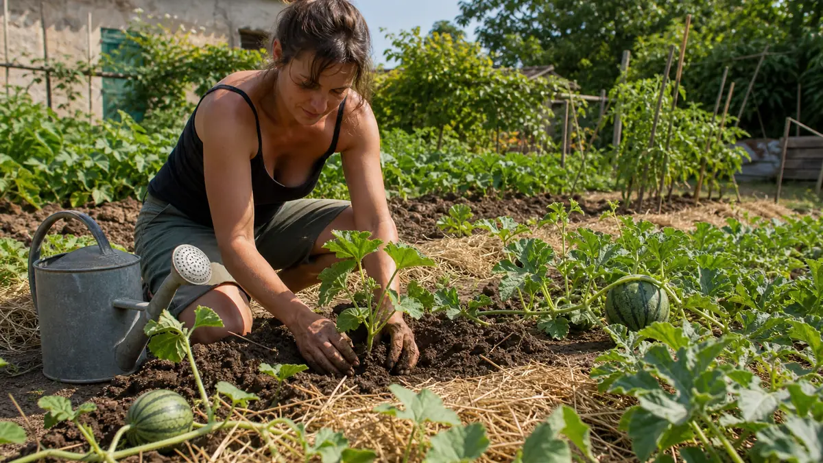Un potager estival montre comment planter melon et pastèque dans une terre paillée.