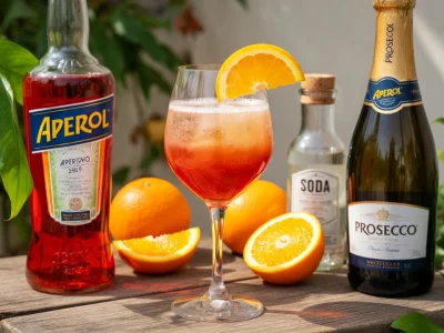 Sur une table en bois sont disposés les ingrédients de la recette Spritz