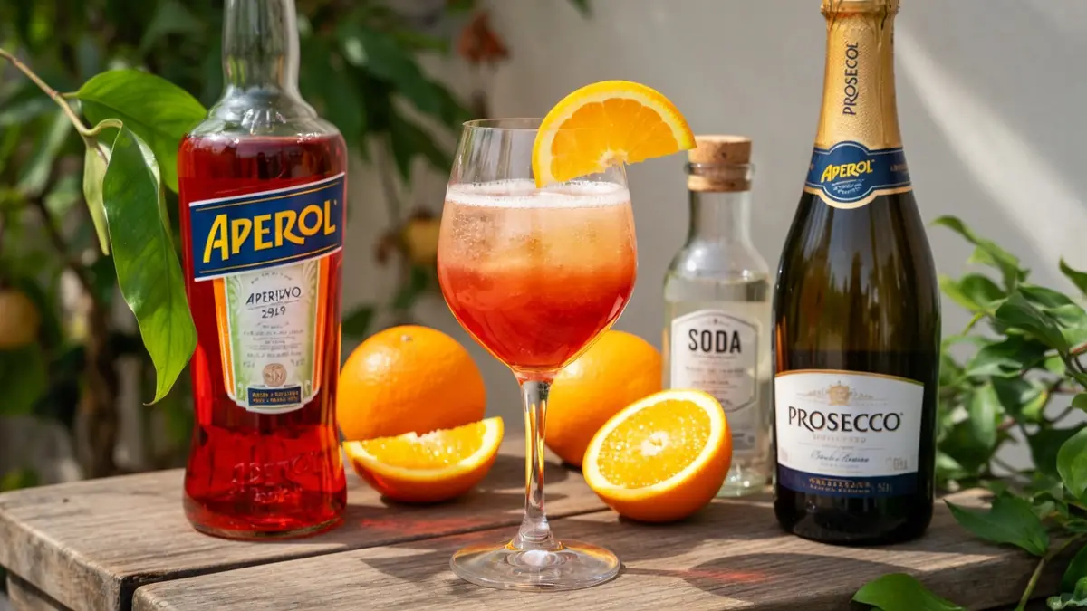 Sur une table en bois sont disposés les ingrédients de la recette Spritz