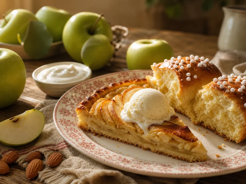 Assiette gourmande inspiree de la cuisine de Julia T avec tarte aux pommes et brioche.