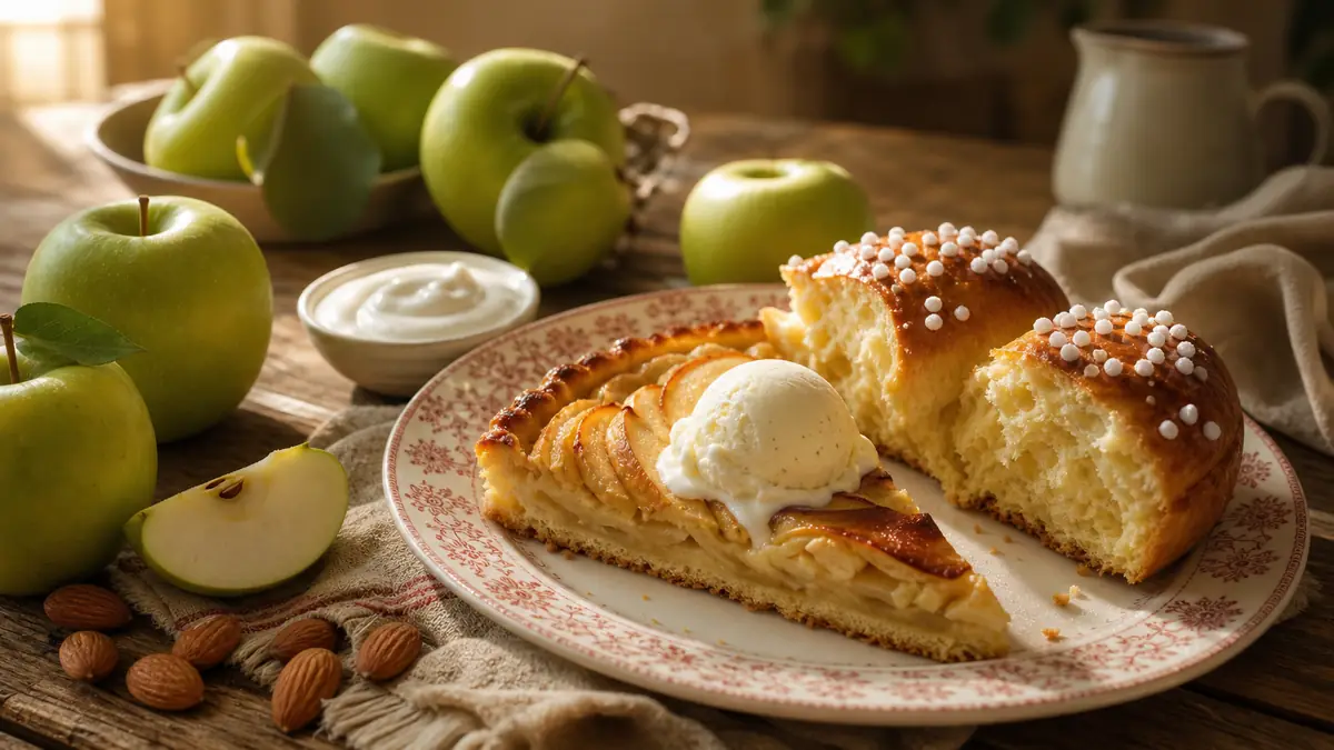 Assiette gourmande inspiree de la cuisine de Julia T avec tarte aux pommes et brioche.